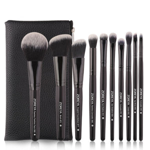 Zoreya Brand Black Makeup Brushes 10pcs Synthetic Fibers Cosmetic Kit Crease Eye Brow Blush Powder Brush For Make Up Beginner